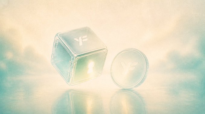A translucent cube and disc bearing the "YF" logo float in a dreamy, cloud-like atmosphere, symbolizing Yieldfy's transparent yield optimization product now live on Robinhood.