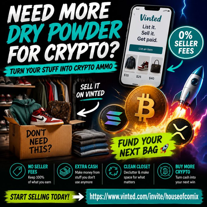 Promotional advertisement titled 'Need More Dry Powder for Crypto?' urging viewers to sell items on Vinted to fund crypto purchases, featuring Bitcoin, Solana, and XRP logos with a referral link to vinted.com/invite/houseofcomix.