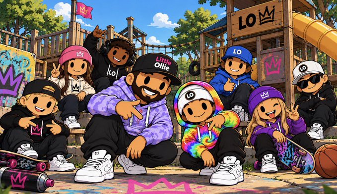 A colorful illustration of a diverse group of young people and a bearded man in casual streetwear posing together at an outdoor skatepark with a wooden play structure in the background.