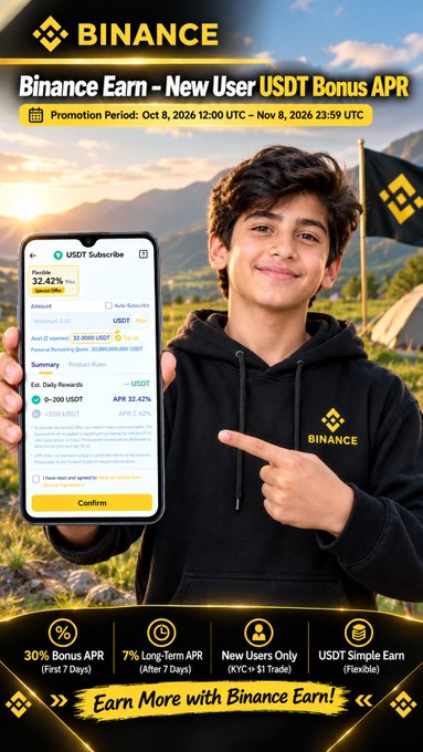 A promotional advertisement for Binance Earn featuring a young person in a Binance hoodie pointing to a phone screen displaying a 32.42% APR on a USDT subscription, offering a 30% bonus APR for the first 7 days.