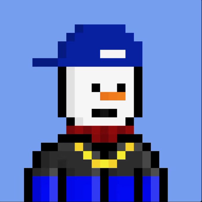 A pixel art portrait of a snowman figure wearing a blue cap, red scarf, and dark jacket against a light blue background.