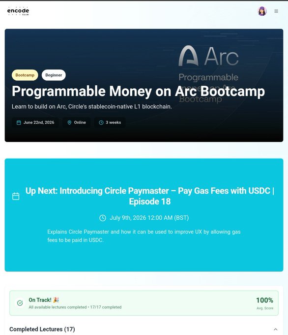 Screenshot of the Encode Club learning platform showing the 'Programmable Money on Arc Bootcamp' course (Beginner level, 3 weeks), with an upcoming lecture on 'Circle Paymaster – Pay Gas Fees with USDC' on July 9, 2026, and 100% completion of 17 lectures.