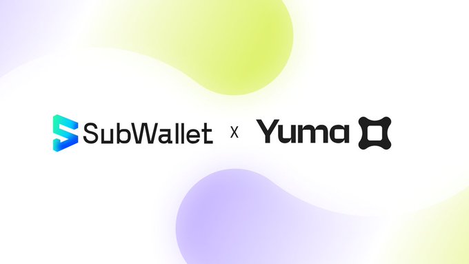 The image displays a partnership announcement featuring the SubWallet and Yuma logos side-by-side with an "x" between them, set against a white background with soft yellow-green and purple abstract shapes, visually representing the integration that enables Bittensor ($TAO) and subnet token staking through SubWallet powered by Yuma's validator infrastructure.