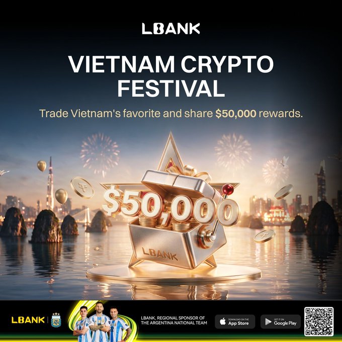 LBANK is promoting its Vietnam Crypto Festival with $50,000 in rewards, featuring a treasure chest overflowing with gold coins set against a festive Vietnamese harbor skyline with fireworks, along with its branding as a regional sponsor of the Argentina National Team.