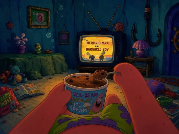 A first-person view shows hands holding a tub of "Sea-Beam Chocolate Ice Cream" while watching a cartoon titled "The Mermaid Man and Barnacle Boy" on TV in a cozy room scattered with snacks and toys. The image ties to the post by illustrating a laid-back weekend indulgence—showing how $200 could fund a relaxing day of comfort food, cartoons, and downtime.