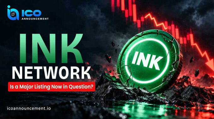 A promotional graphic from ico announcement asking 'INK NETWORK Is a Major Listing Now in Question?', featuring a glowing green coin against a backdrop of falling red stock charts.