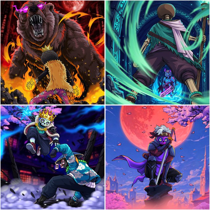 A four-panel illustration depicting anime-style battles featuring characters with skull heads against a bear, a giant skeleton, and other opponents in dynamic, colorful scenes.