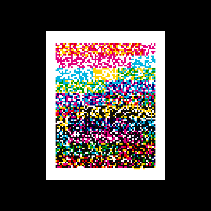 An abstract digital artwork featuring a dense pixelated pattern of bright colors including pink, blue, yellow, white, and black arranged in horizontal bands within a white frame.