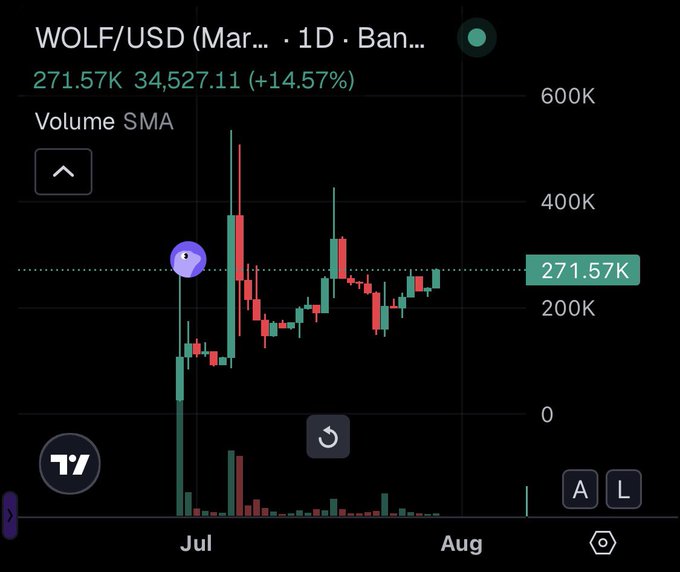 A TradingView chart displays WOLF/USD on a 1-day (Ban...) timeframe, showing a current value of 271.57K with a +14.57% gain (34,527.11), alongside price action spanning July to August. The chart is being shared in response to a question asking for opinions on $WOLF, visually presenting the token's recent volatility and upward momentum.
