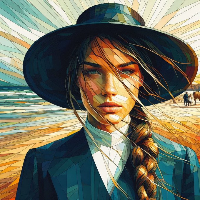 A stylized cubist/digital illustration of a woman wearing a wide-brimmed hat and dark coat with a long braid, set against a beach background with vibrant geometric patterns.