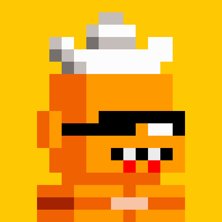 A pixel art image of an orange character with black sunglasses and a white accessory on its head against a yellow background.