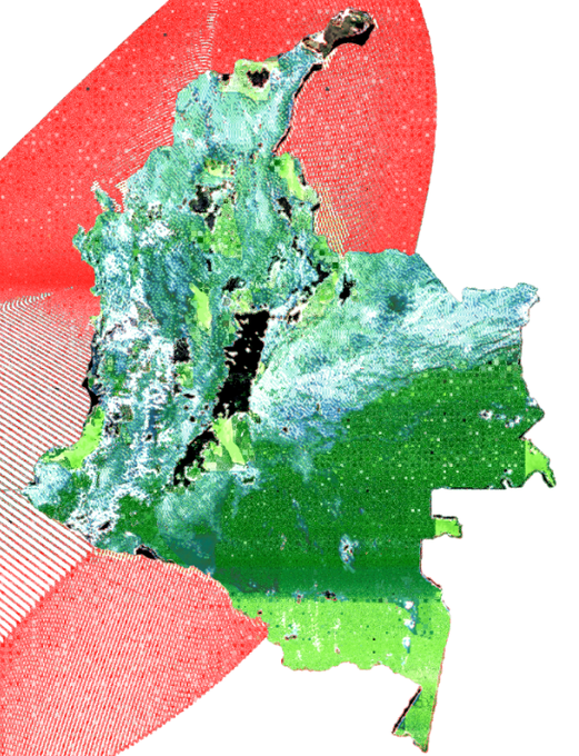 A textured green silhouette map of Colombia set against a red halftone patterned background.