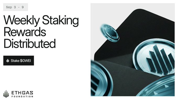 The image displays a promotional graphic for ETHGas Foundation's "Weekly Staking Rewards Distributed" for Sep 3-9, featuring a "Stake $GWEI" button and an artistic visual of stacked black Ethereum coins with the foundation's logo. The accompanying post provides details about Staking Cycle 33 with a ~14.03% APR and instructions to claim rewards, restake, or compound, with a note that August gas rebates are now claimable via Open Gas.