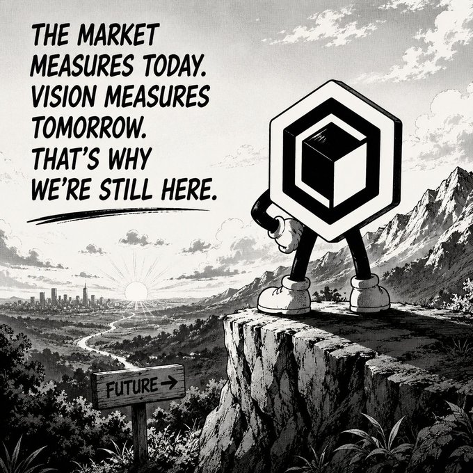 The image features a black-and-white illustrated scene of a hexagonal logo character standing on a cliff overlooking a distant city and sunrise, with a wooden sign pointing toward "FUTURE." Bold text reads: "THE MARKET MEASURES TODAY. VISION MEASURES TOMORROW. THAT'S WHY WE'RE STILL HERE."

The image reinforces the post's message about looking past CORE's current price, using the forward-looking "FUTURE" sign and visionary tagline to emphasize long-term conviction over short-term market sentiment.