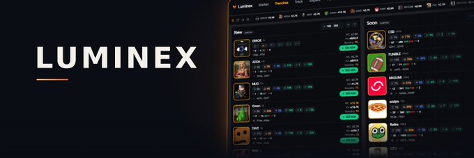 A promotional banner for 'LUMINEX' showing a cryptocurrency/token listing interface with projects including 'SHACK', 'ACS', 'MUO', 'SMC', 'CIB', 'PENIEZ', 'AIDOGE', 'woffer', and 'Biden'.