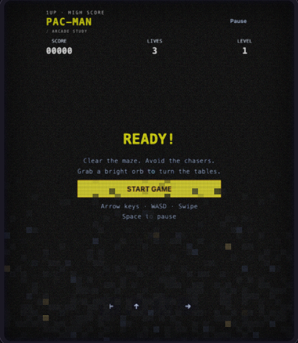 A pixel-art style digital screen showing a Pac-Man game menu with '1UP - HIGH SCORE PAC-MAN ARCADE STUDY', 'SCORE 00000', 'LIVES 3', 'LEVEL 1', a yellow 'READY!' prompt, and a 'START GAME' button with control instructions.