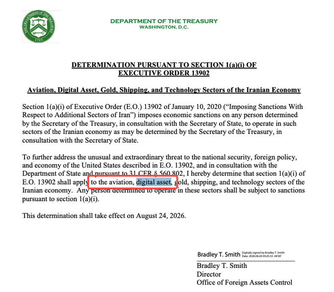A Department of the Treasury document titled 'DETERMINATION PURSUANT TO SECTION 1(a)(i) OF EXECUTIVE ORDER 13902' regarding Iranian sanctions, signed by Bradley T. Smith, Director of the Office of Foreign Assets Control, dated August 2026.
