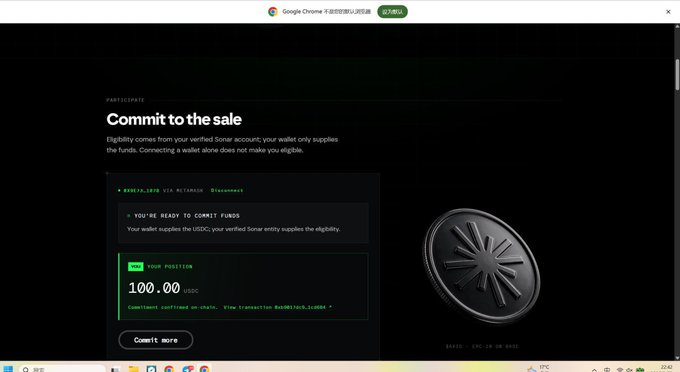 A dark-themed webpage showing a 'Commit to the sale' interface for $100.00 USDC, alongside a 3D rendering of a Solana token.