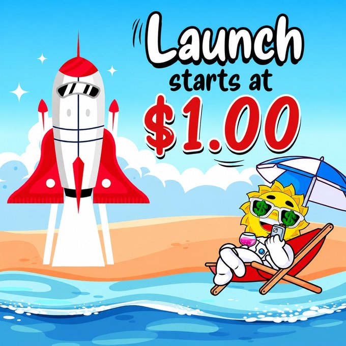 A colorful promotional image features a red and white rocket launching from a beach alongside a sun character wearing sunglasses and relaxing in a beach chair under an umbrella, with bold text announcing "Launch starts at $1.00." The image illustrates the upcoming launch of a $SUMMER presale, though notably the post's presale price of $0.7 conflicts with the $1.00 price shown in the graphic.