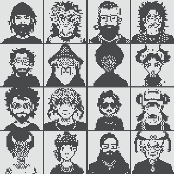 A black and white pixel art grid displaying 16 different character portraits with varying hairstyles and facial features.