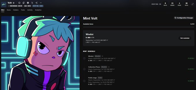 The 'Mint Volt' minting website for Robinhood Chain (Aug 2026), showing mint schedules for Wirelist, Collection Phase, and Public phase.