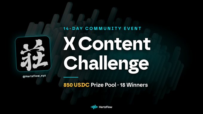 A promotional graphic for HertzFlow's "X Content Challenge" — a 14-day community event with an 850 USDC prize pool awarded to 18 winners, featuring the @Hertzflow.xyz handle and the HertzFlow brand logo against a dark background with teal soundwave-style graphics.