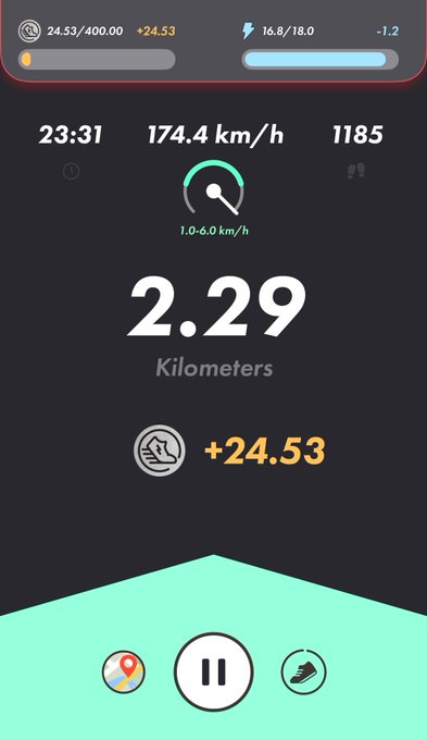 A fitness app interface displaying metrics like '23:31', '174.4 km/h', and a prominent '2.29 Kilometers' with a pause button at the bottom.
