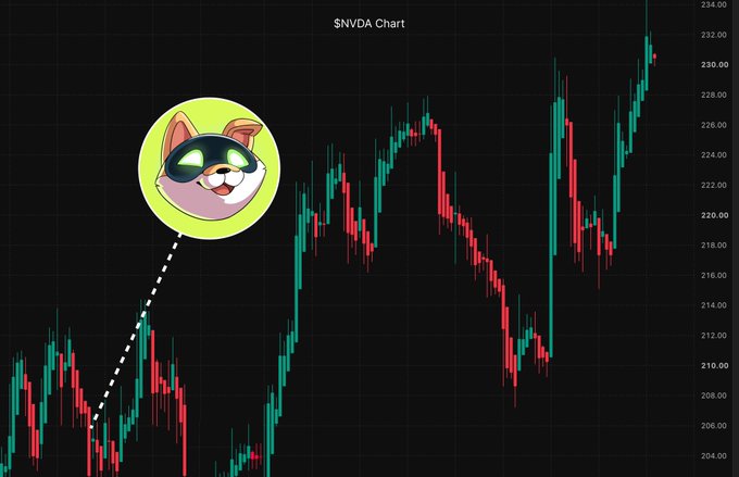 A financial candlestick chart titled "$NVDA Chart" shows stock price movement with a cartoon cat avatar in a yellow circle highlighting a low point.