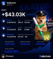 The image displays a trading dashboard showing a profit of +$43.03K on the $BATON token, featuring a pirate mascot alongside the text "SEBASTIAN" and "Boarding," which visually represents the successful trade highlighted in the post.