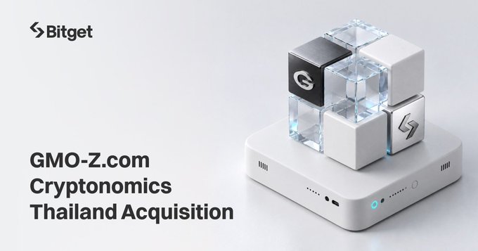 A Bitget promotional graphic announcing 'GMO-Z.com Cryptonomics Thailand Acquisition', featuring a 3D illustration of white and transparent cubes with the letters 'G' and a lightning bolt symbol on a tech device.
