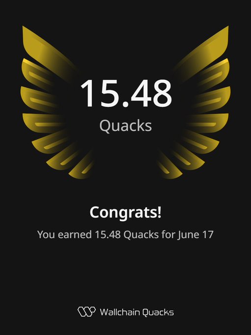 The image features a logo of an angel with wings spread wide. Below this image, there's text that congratulates someone who has earned 15.48 Quacks for June 17. It appears that the person successfully completed the challenge and achieved their goal in a day.