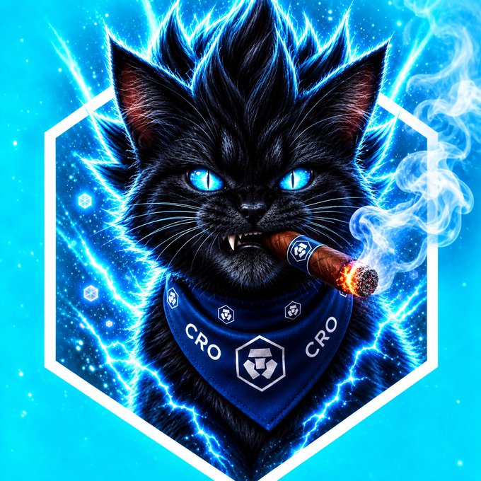 A digital illustration of a fierce black cat with glowing blue eyes, smoking a cigar, wearing a blue CRO-branded bandana, set against a hexagonal background with electric blue lightning.