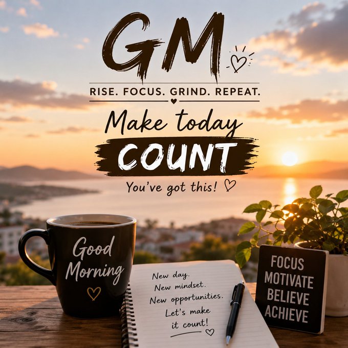 A motivational graphic displays "GM Rise. Focus. Grind. Repeat." and "Make today COUNT You've got this!" over a sunrise background, alongside a "Good Morning" mug and a notebook listing "New day. New mindset. New opportunities."