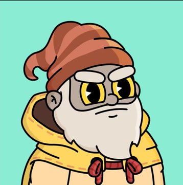 A cartoon character with large yellow eyes, wearing glasses, a striped sleeping cap, and a yellow hooded robe, appears as a whimsical, wise hermit-like figure perfect for an Airbnb mascot. The cozy, hermit aesthetic with the nightcap and robes aligns with the post's joke of reimagining the NFT as a quirky, character-driven lodging experience.