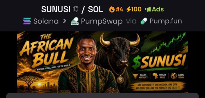 Promotional image for the SUNUSI/SOL memecoin on Solana via PumpSwap, featuring 'The African Bull' branding with bullish imagery and slogans like 'One community, one mission, one city' and 'BULLISH MENTALITY, AFRICAN PRIDE, GLOBAL VISION'.