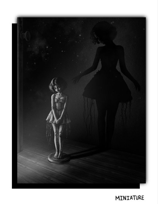 A black-and-white illustration labeled 'MINIATURE' showing a small doll-like figure of a woman casting an oversized shadow of herself on the wall behind it.