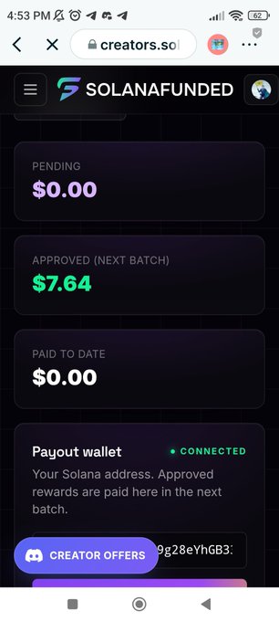 The image shows a screen of a creator campaign for $30,000. The creator has launched their campaign, and the rewards pool contains $30,000. Step 1 involves creating an account to participate in this campaign. The creator chose a name that reads "solanafunded." They have received approval from the payout calculator, as it processes the payment. Finally, they are ready to start trading with connected addresses.