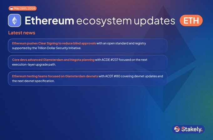 The image features a blue background with white text that reads "Ethereum ecosystem updates" at the top, followed by four bullet points discussing recent developments in the Ethereum ecosystem. The first point talks about the latest news, while the second one highlights core development efforts focused on improving the Ethereum protocol and making it more secure. The third point mentions a new devnet release, and the fourth point discusses plans for the next layer of Ethereum updates.