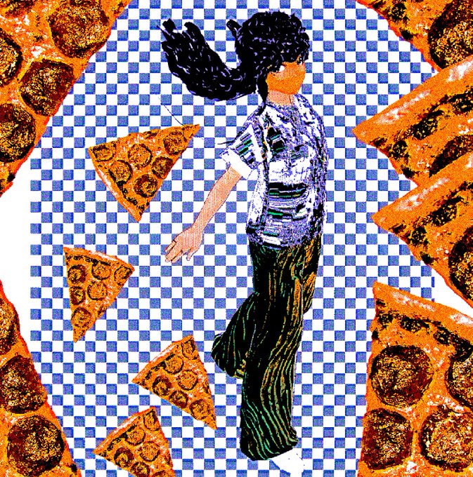 A stylized retro illustration of a woman with dark flowing hair wearing a patterned shirt and striped pants, set against a blue and white checkered background with scattered pepperoni pizza slices.