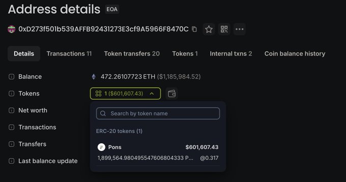 Etherscan screenshot of wallet 0xD273f501b539AFB92431273E3cf9A5966F8470C, which holds 472.26 ETH ($1,185,984.52) and 1,899,564 PONS tokens ($601,607.43), supporting the claim of a fresh $1.8M wallet actively accumulating $PONS.