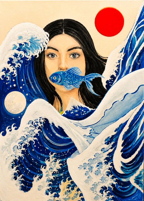 A surreal painting depicting a woman with a blue fish in her mouth, surrounded by stylized crashing waves and a red sun, referencing Hokusai's 'The Great Wave off Kanagawa'.