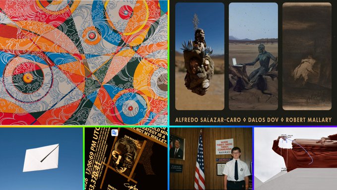 A collage showcases various artworks including a vibrant red and blue abstract patterned piece, sculptural and figurative works labeled "ALFREDO SALAZAR", "CARO", "DALOS", "DOV", and "ROBERT MALLARY", along with other images including a "WELCOME" sign, a "13 HOURS" book cover, a portrait labeled "BILLY JOEL", and a desert landscape.