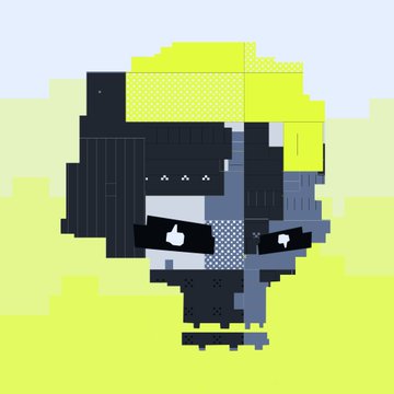 A pixel art character with black hair and pixelated sunglasses on a yellow-green background.