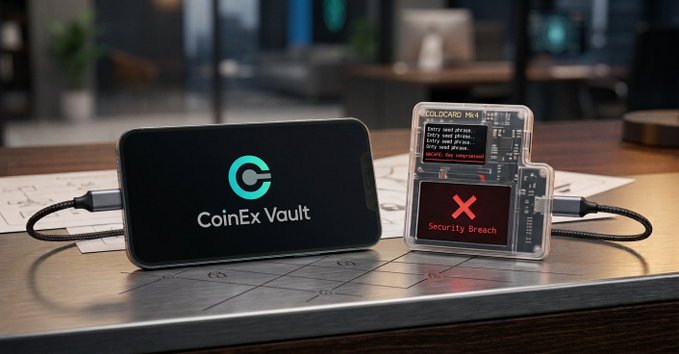 A smartphone displaying the 'CoinEx Vault' logo sits next to a Coldcard Mk4 hardware wallet showing a 'Security Breach' warning on its screen, placed on a desk with a chart.