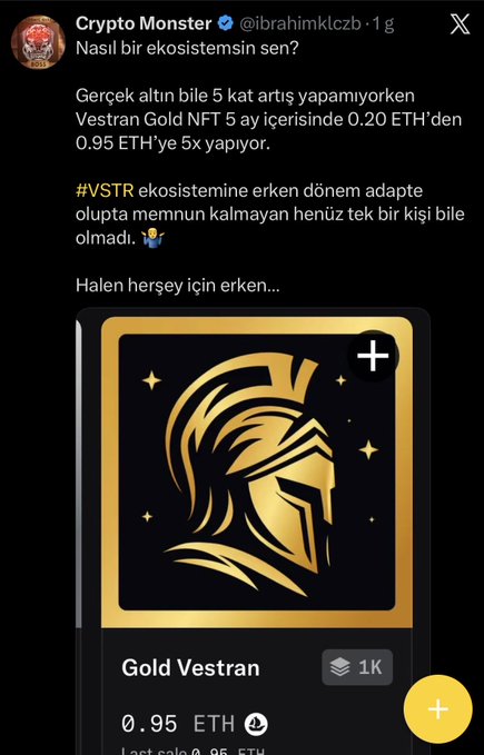 The image features a screenshot of a Twitter post that includes a description, profile picture, and logo of a digital coin called "Gold Vestran". The post also contains some text from a cryptocurrency user who claims they have an offer for everyone interested in buying gold via cryptocurrency.