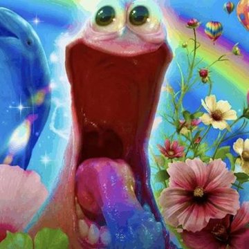 A wide-mouthed pink axolotl surrounded by rainbows, flowers, and dolphins represents "life on Solana," while the jarring, chaotic imagery suggests "life on other chains" is comparatively bleak and chaotic.