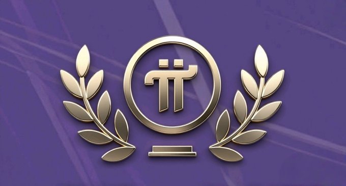 A metallic gold Pi Network logo encircled by laurel wreaths displayed against a purple background with subtle diagonal streaks.