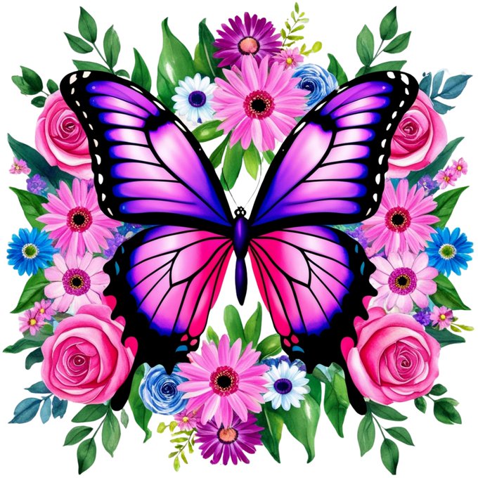 A vibrant digital illustration of a purple and pink monarch butterfly surrounded by pink roses, daisies, and blue flowers with green foliage.