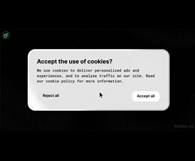 A cookie consent dialog box from beldex.io asking 'Accept the use of cookies?' with options to 'Reject all' or 'Accept all'.