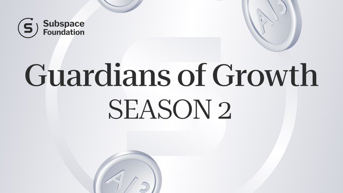 A promotional graphic reading "Guardians of Growth SEASON 2" with the Subspace Foundation logo and floating AI coins on a light background.